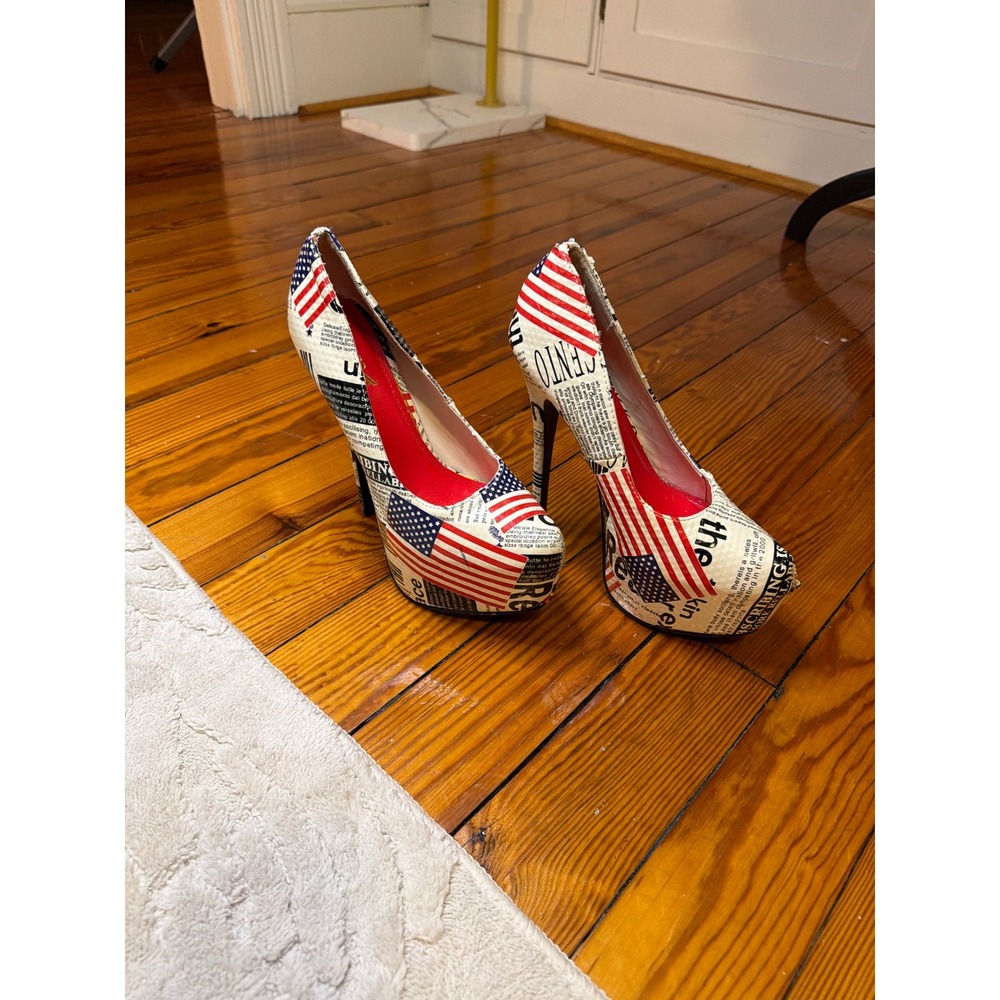 Alba American Flag Newspaper Print Platform Stiletto Heels Red White Blue Sz 8